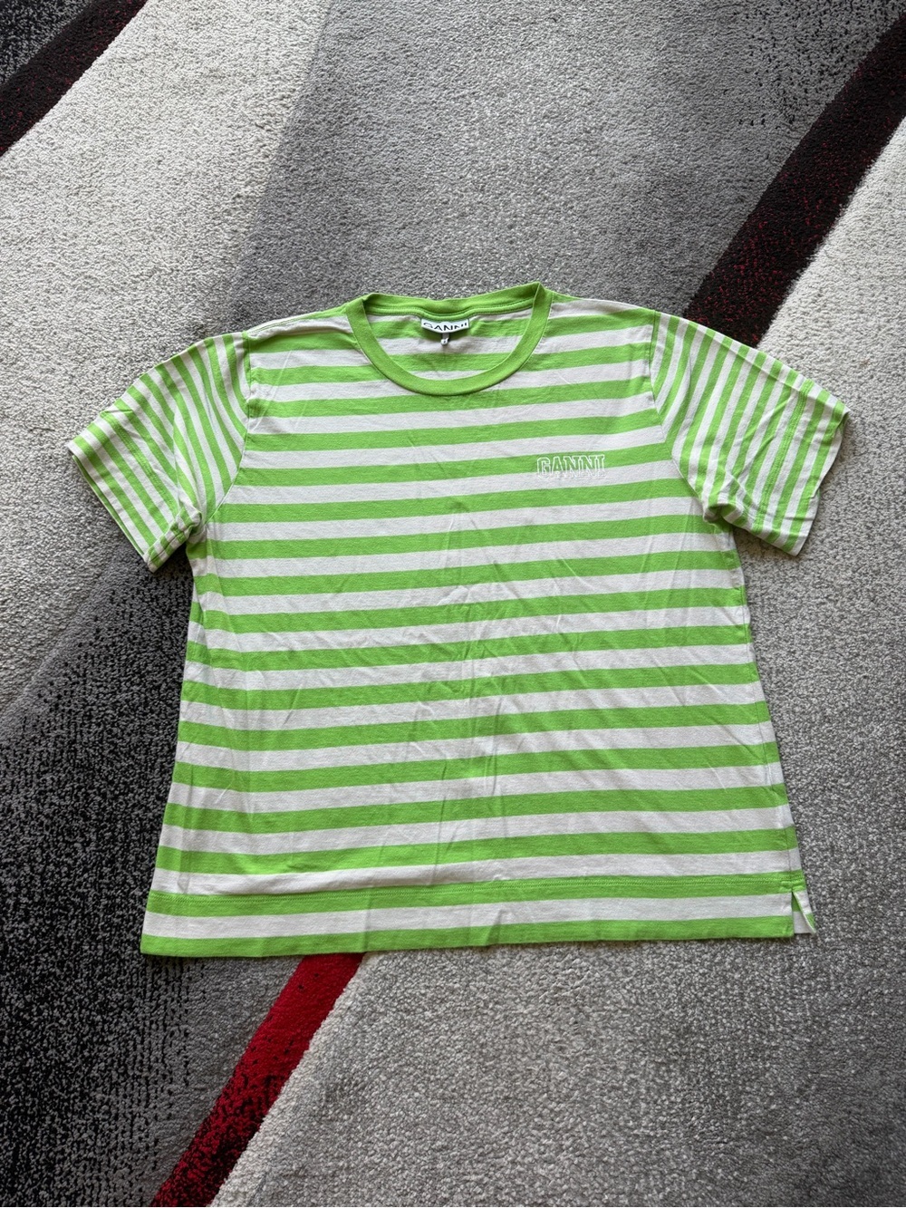 Ganni Lime Green and White Striped Tee